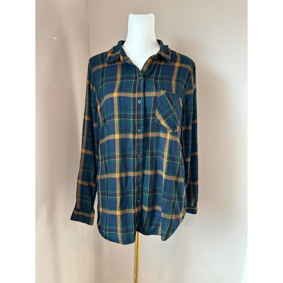 Lucky Brand Classic Plaid Flannel Shirt Navy Blue Dark Green Lumberjack Medium - Picture 2 of 11
